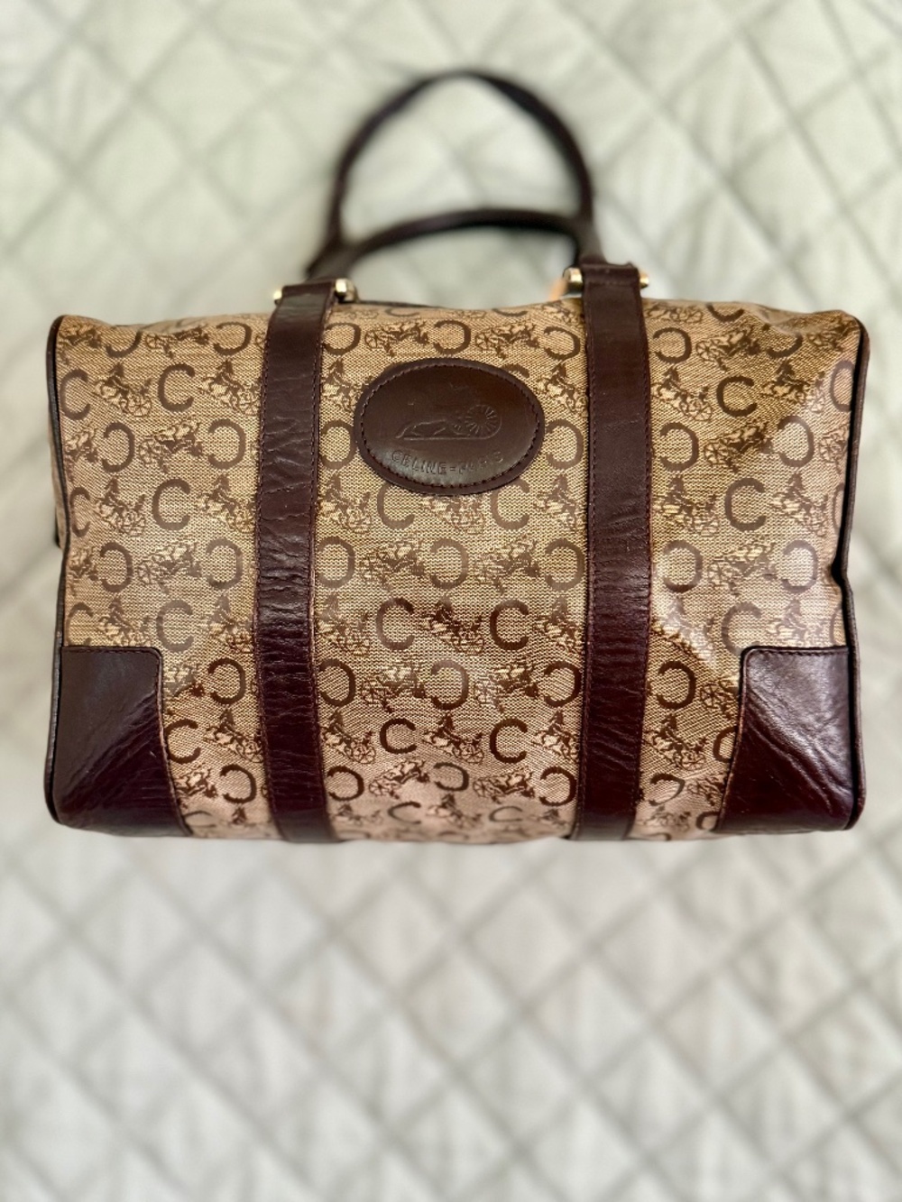 Celine Vintage Brown and Beige Monogram Boston Bag Satchel EUC